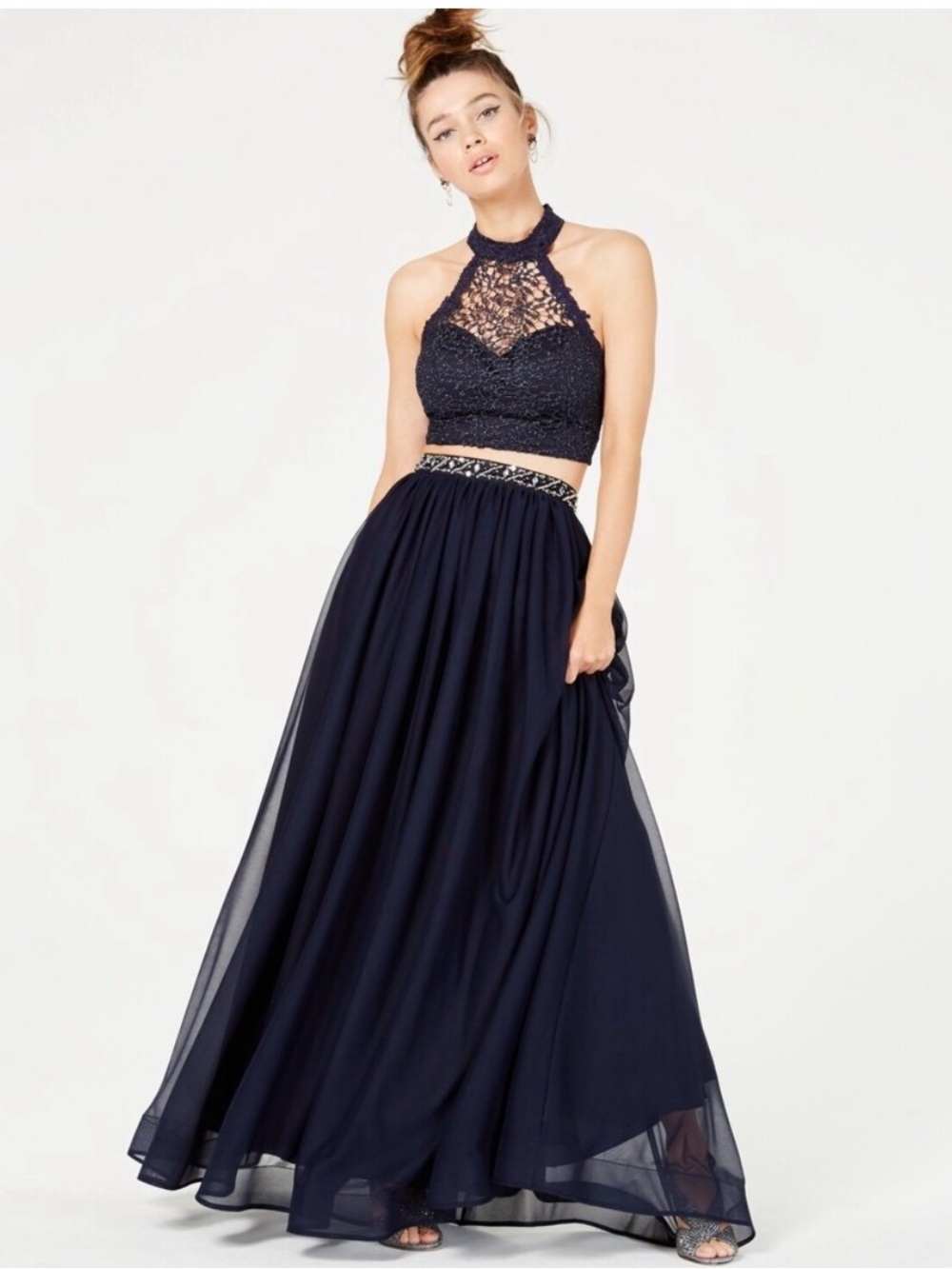 Navy Blue Sequin Hearts Halter 2-Piece Skirt and Lace Glitter Top Size 5
